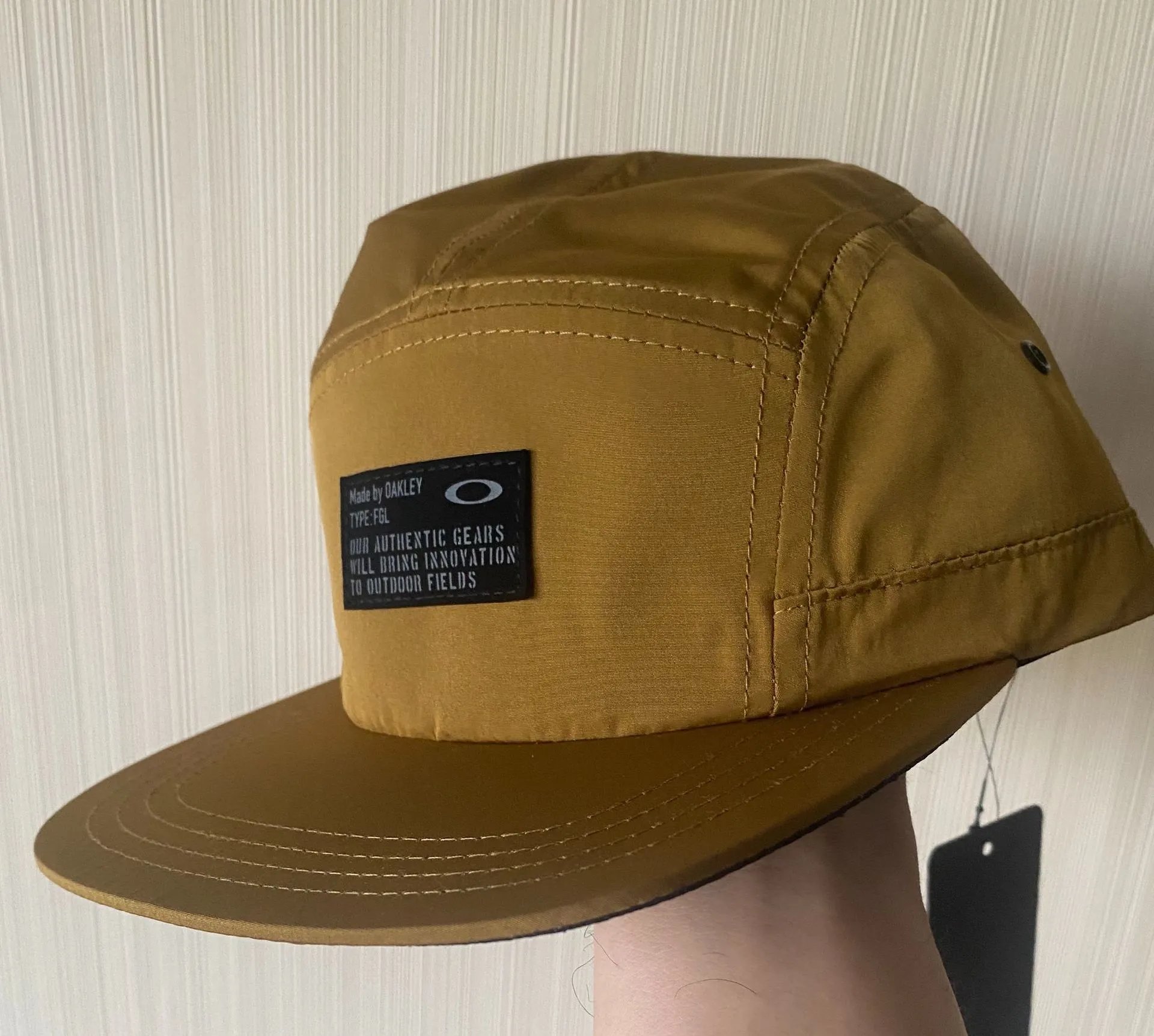 Oakley Hats Baseball Cap with Embroidered Ellipse Logo — Five-panel khaki cap