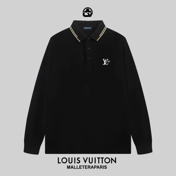Louis Vuitton Monogram Embroidered Long-Sleeve Polo Black Tops Polo - 1