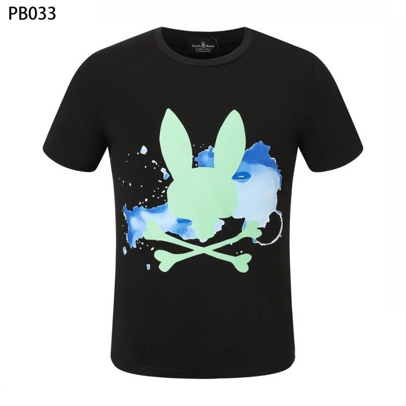 Psycho Bunny T-Shirts Rabbit skull graphic short-sleeve — PB033 Black