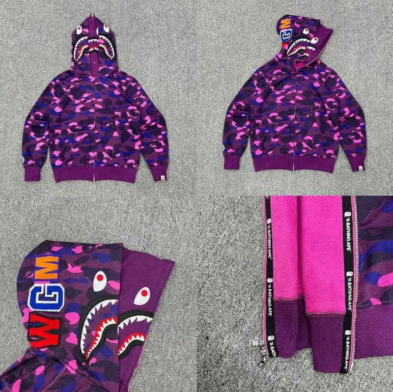 A Bathing Ape Hoodies & Sweatshirts Shark full-zip camouflage hoodie — XX232 double-hooded purple