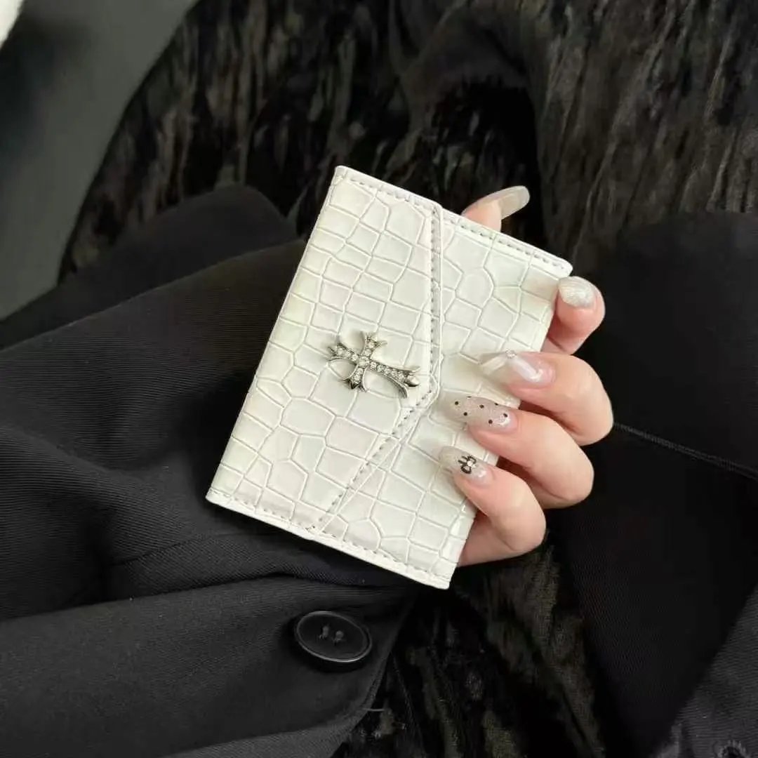 Unbranded Wallets & Card Holders Crocodile-Embossed Holder with Rhinestone Ring Emblem — White organ with crocodile pattern and sparkling rhinestone cross