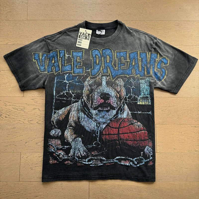 VALE USA T-Shirts Washed rhinestone graphic crew-neck T-shirt — 8052 washed black
