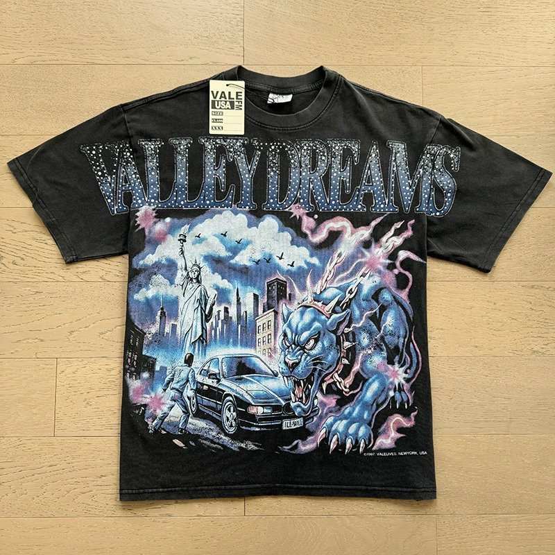 VALE USA T-Shirts Washed rhinestone graphic crew-neck T-shirt — 8029 Wash black hot drill
