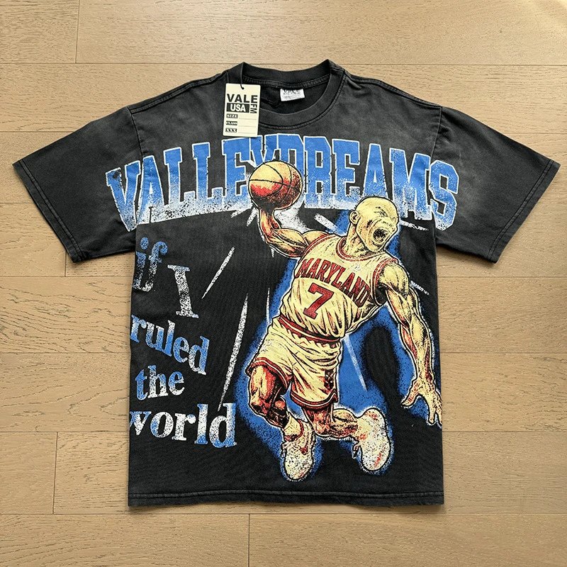 VALE USA T-Shirts Washed rhinestone graphic crew-neck T-shirt — 8058 washed black