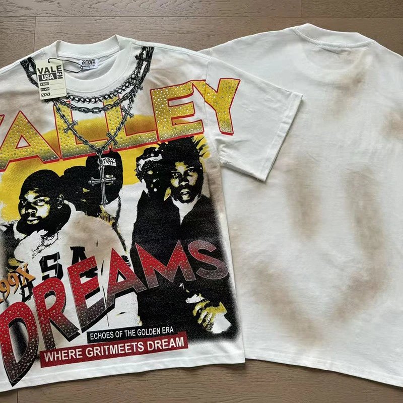 VALE USA T-Shirts Washed Rhinestone Graphic Short-Sleeve T-Shirt — 8110 washed white