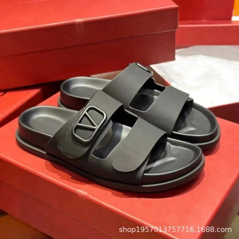 Unbranded Slippers Open-Toe Double-Strap Slides with V-Shaped Buckle — Black