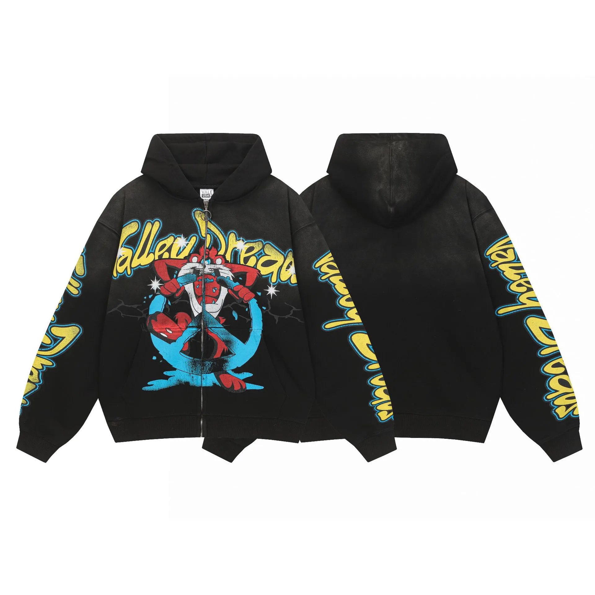 Vale USA Hoodies & Sweatshirts Graphic Print Zip-Up Hooded Sweatshirt — ZFZD3399 black
