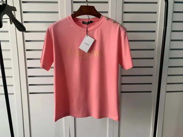 Balmain Logo Embroidered Pink T-Shirt - 1
