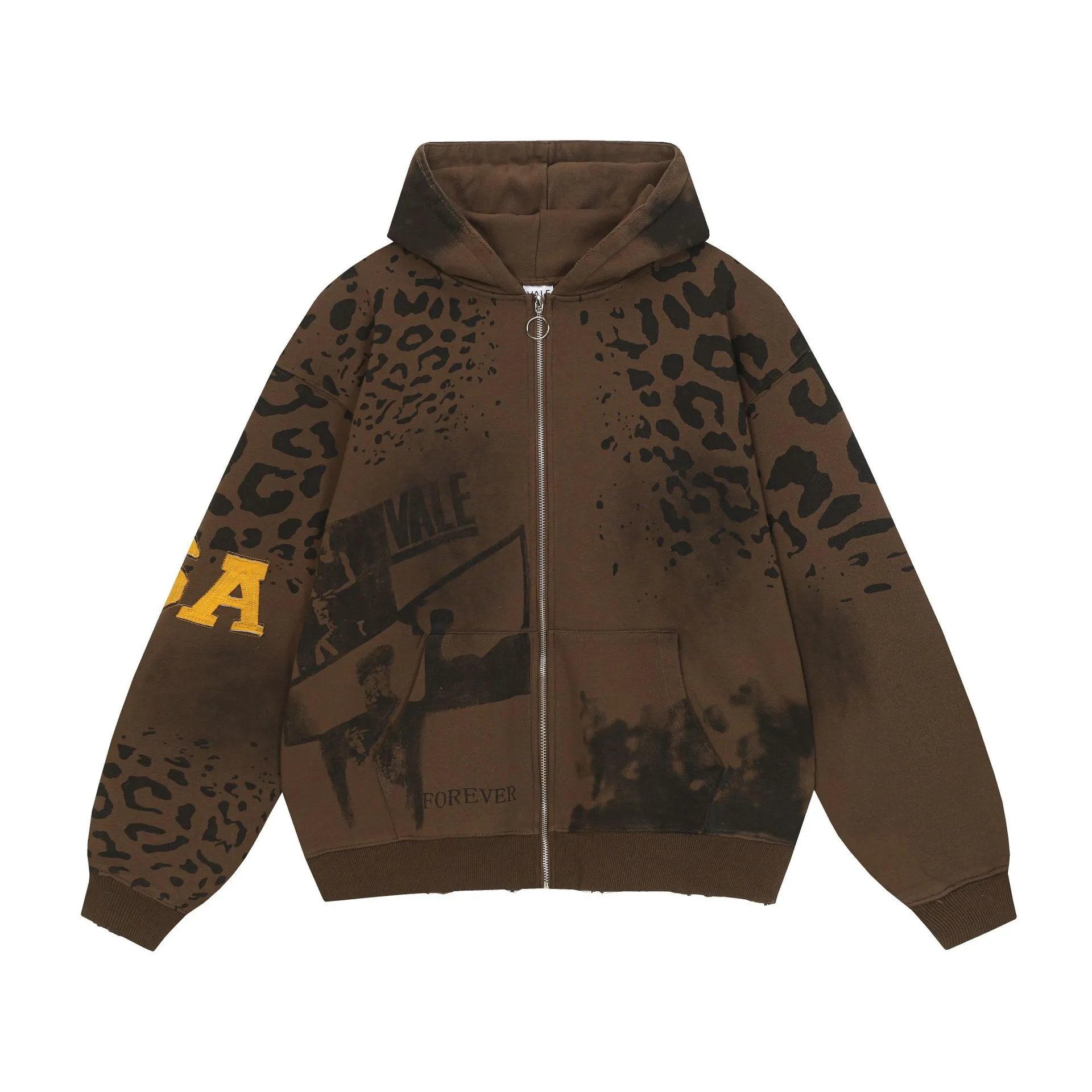 Vale USA Hoodies & Sweatshirts Graphic Print Zip-Up Hooded Sweatshirt — ZFZD3460 brown