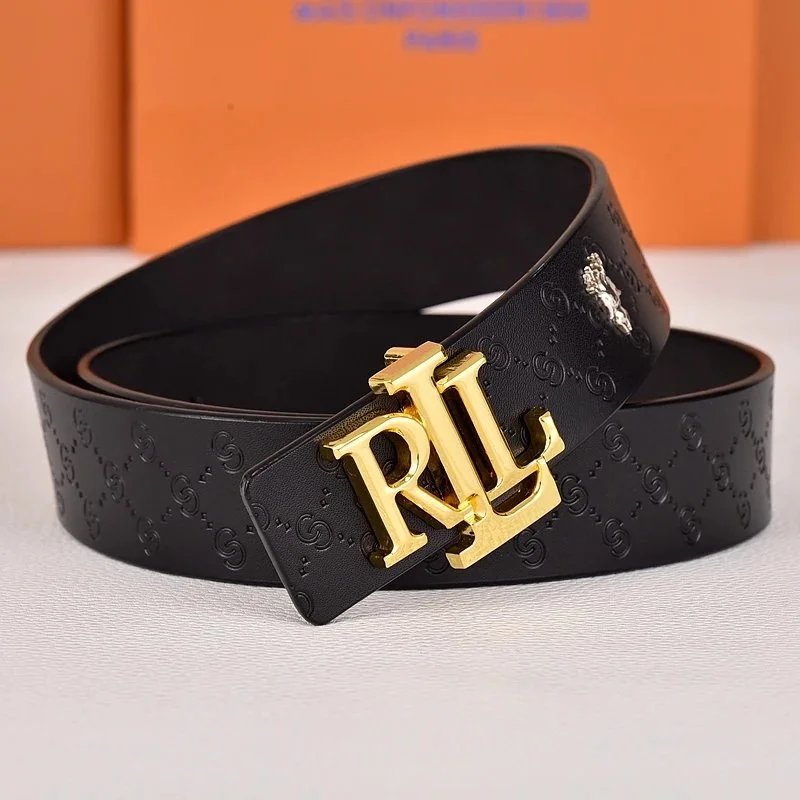 R&L Belts LZ-1 embossed monogram belt with RL buckle — ring grain gold