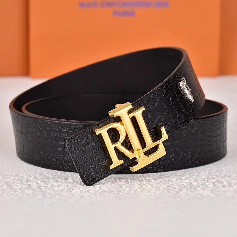 R&L Belts LZ-1 embossed monogram belt with RL buckle — crocodile gold