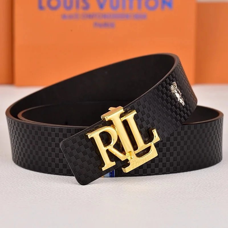 R&L Belts LZ-1 embossed monogram belt with RL buckle — Plaid gold