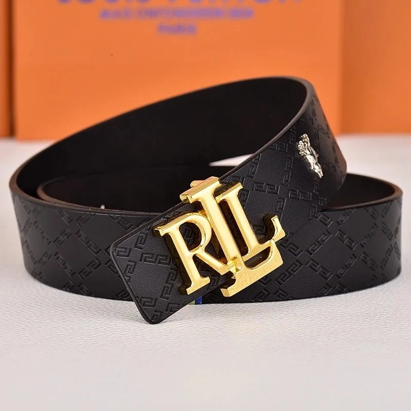 R&L Belts LZ-1 embossed monogram belt with RL buckle — Lock grain gold