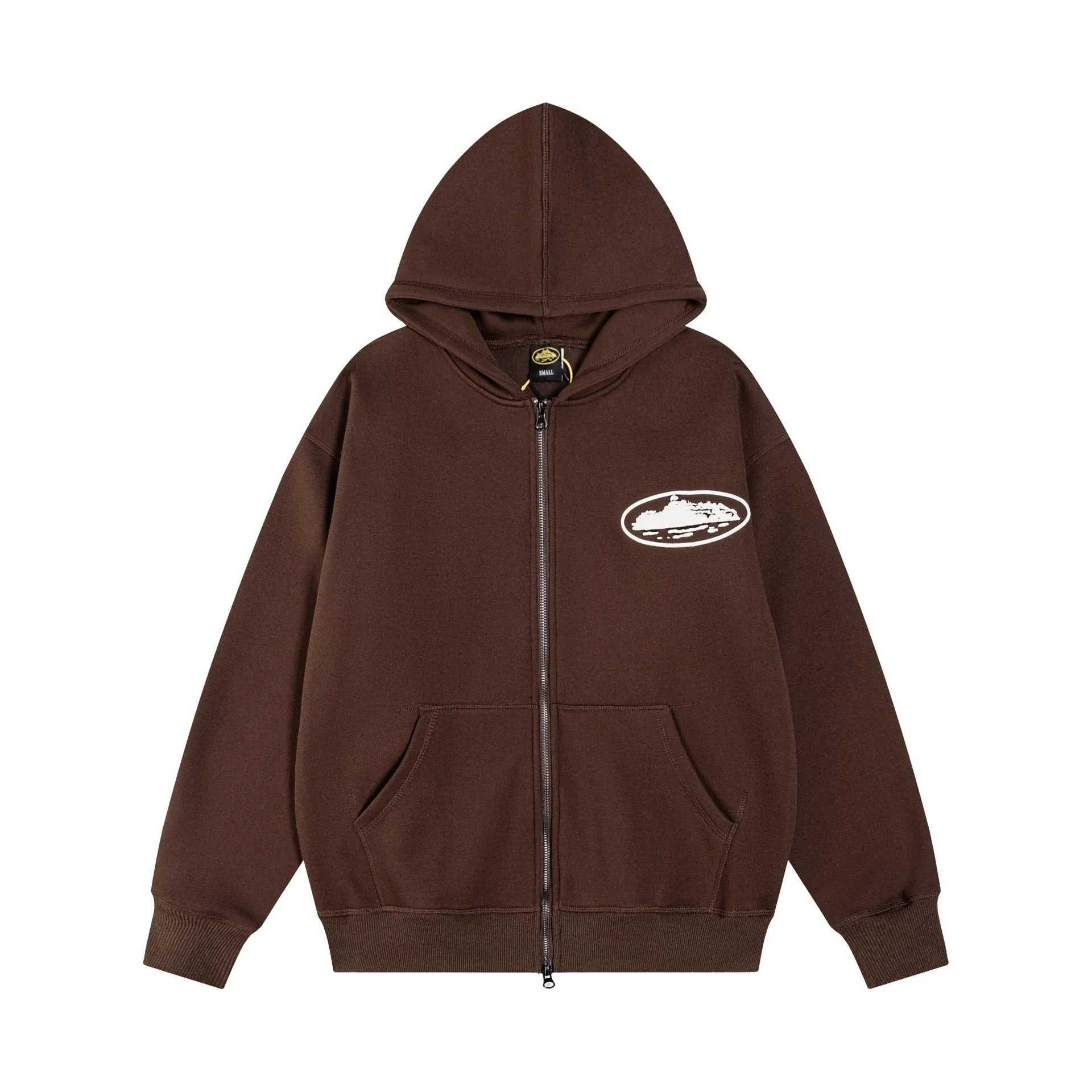 Corteiz Hoodies & Sweatshirts Zip-up hooded sweatshirt with embroidered chest emblem — 503 Brown top