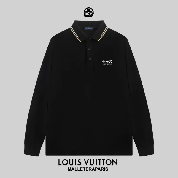 Louis Vuitton x Malletier Paris Logo-Embroidered Black Long-Sleeve Polo Tops.polo - 1