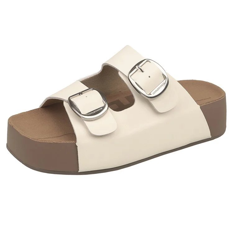 Unbranded Slippers Double-Buckle Platform Slide — white