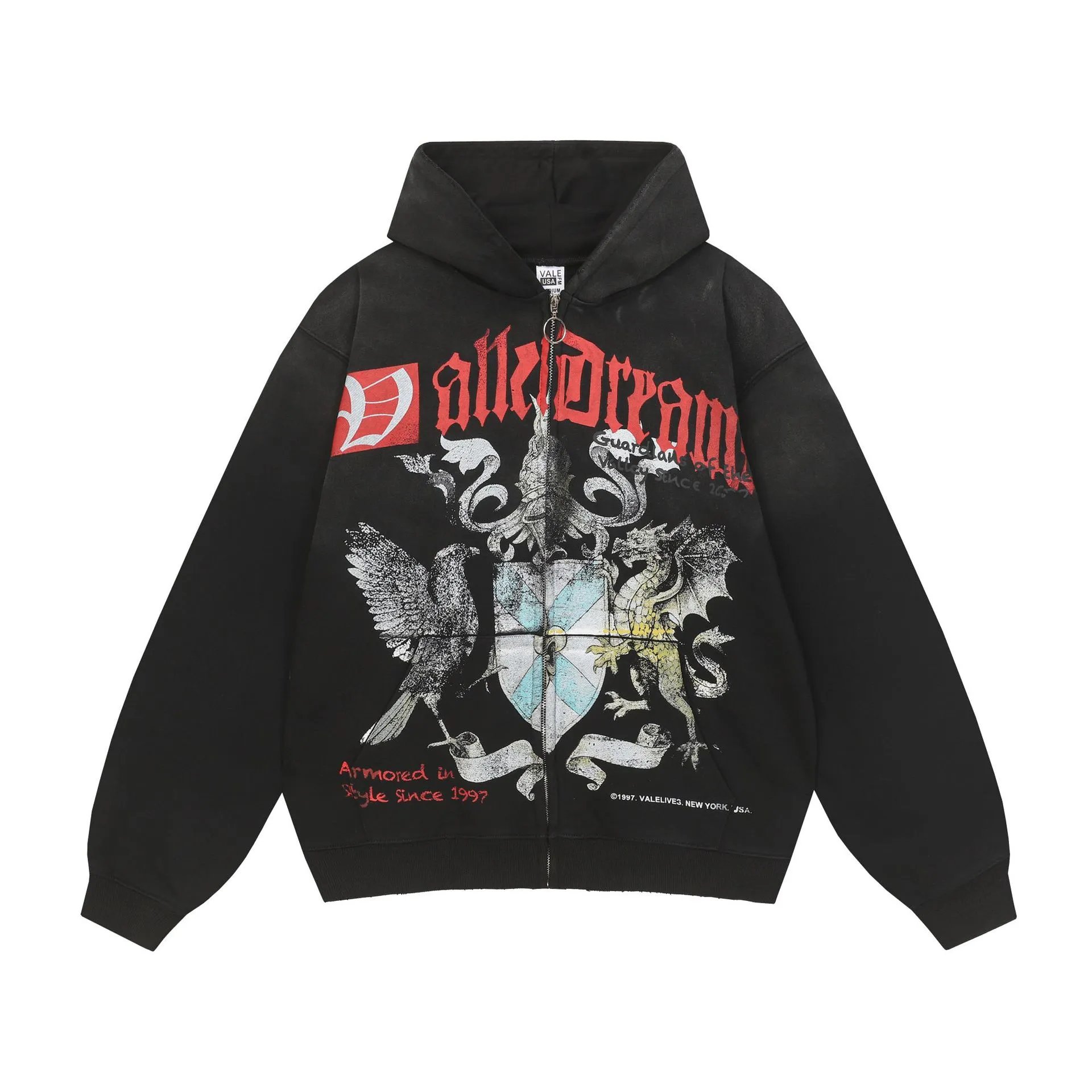 Vale USA Hoodies & Sweatshirts Graphic Print Zip-Up Hooded Sweatshirt — ZFZD3459 black zipper
