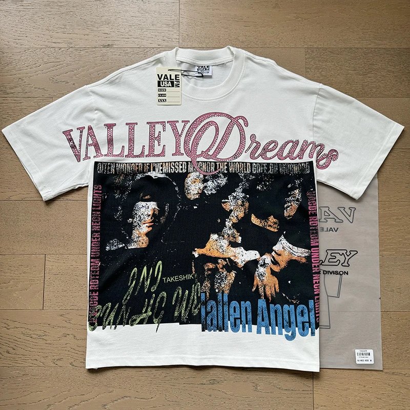 VALE USA T-Shirts Washed rhinestone graphic crew-neck T-shirt — 8022 white hot drill