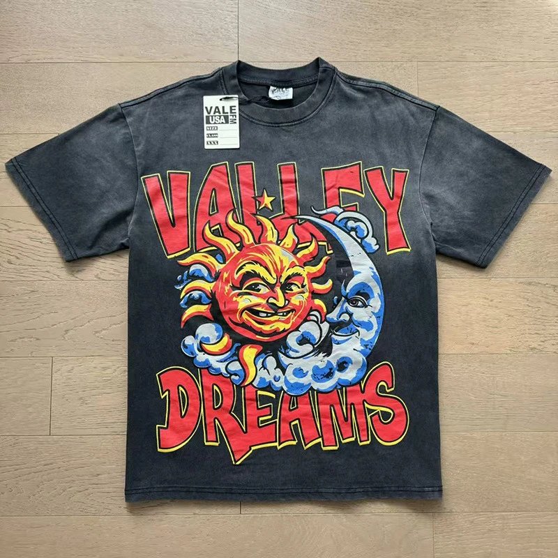 VALE USA T-Shirts Washed rhinestone graphic crew-neck T-shirt — 8073 washed black