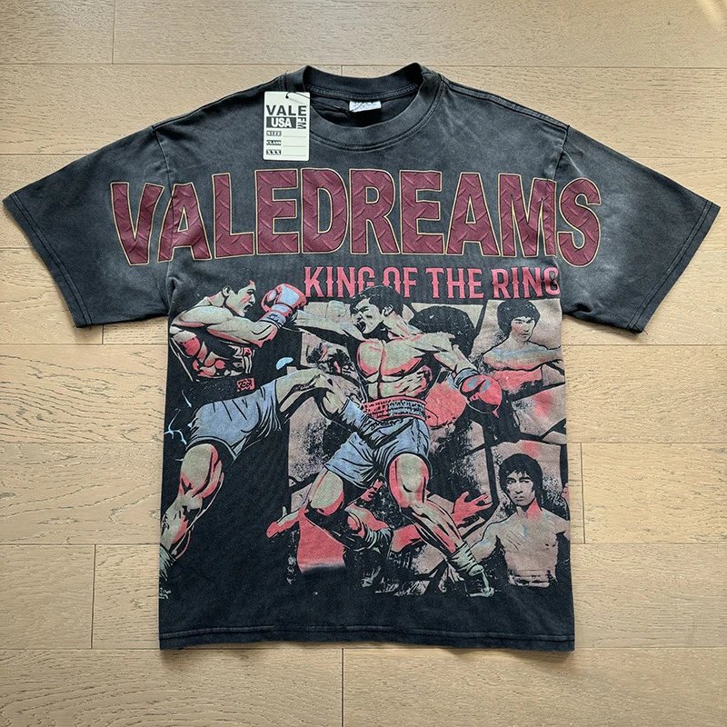 VALE USA T-Shirts Washed rhinestone graphic crew-neck T-shirt — 8085 wash water black