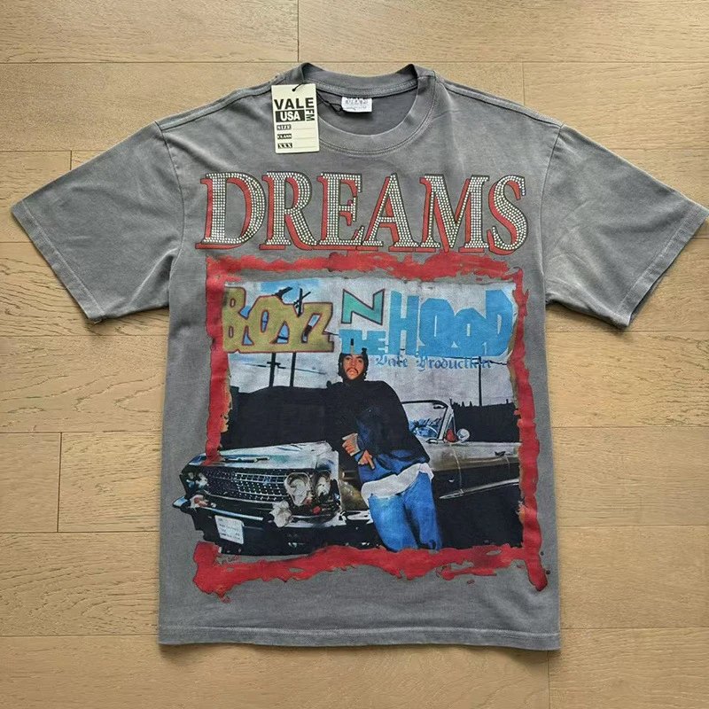 VALE USA T-Shirts Washed Rhinestone Graphic Short-Sleeve T-Shirt — 8091 wash water ash drilling
