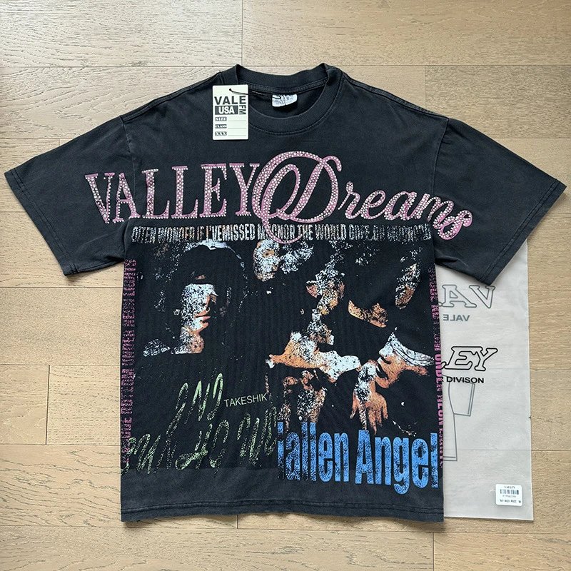 VALE USA T-Shirts Washed rhinestone graphic crew-neck T-shirt — 8021 Wash black hot drill