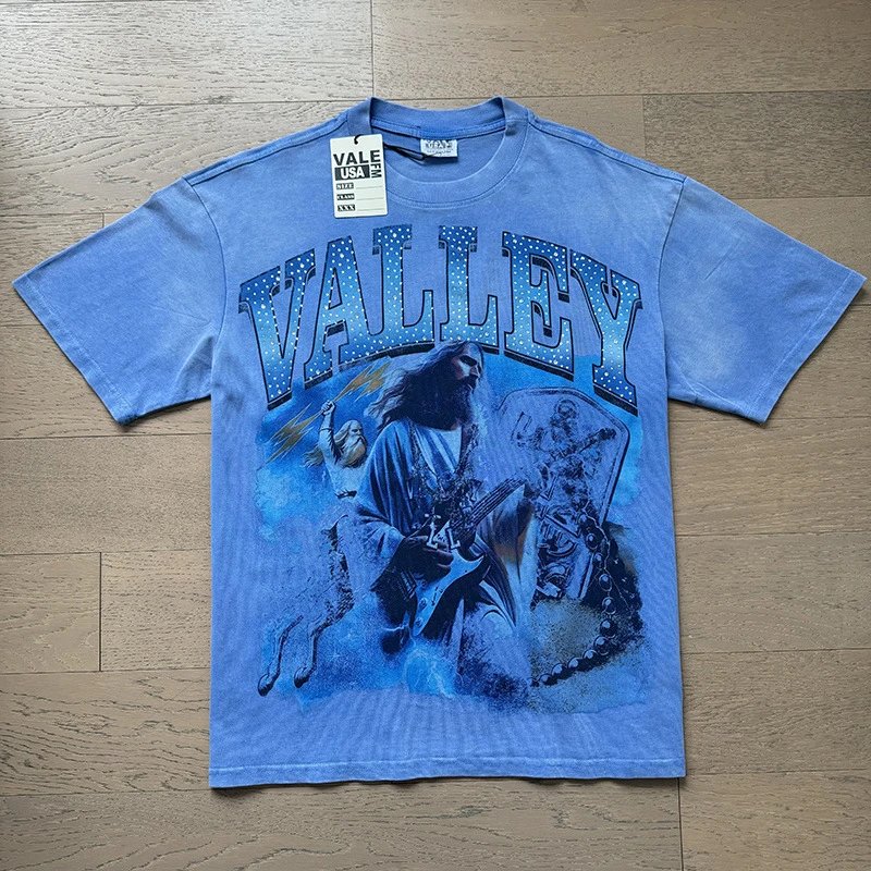 VALE USA T-Shirts Washed rhinestone graphic crew-neck T-shirt — 8039 Washing water blue rhinestones