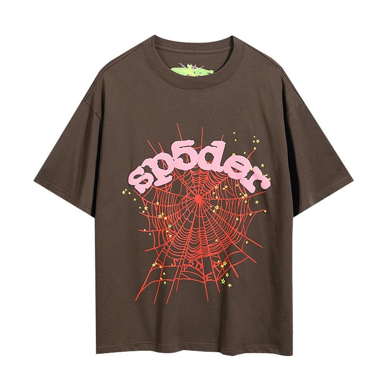 Sp5der T-Shirts Spiderweb Graphic Short-Sleeve T-Shirt — 6003#Coffee