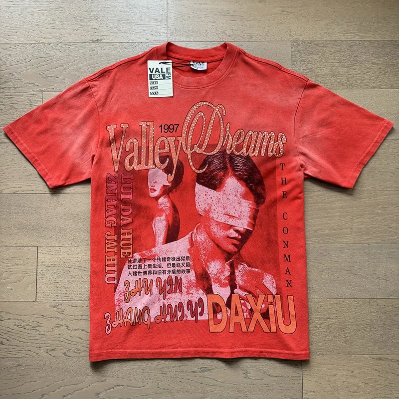 VALE USA T-Shirts Washed Rhinestone Graphic Short-Sleeve T-Shirt — 8090 wash water red hot drilling