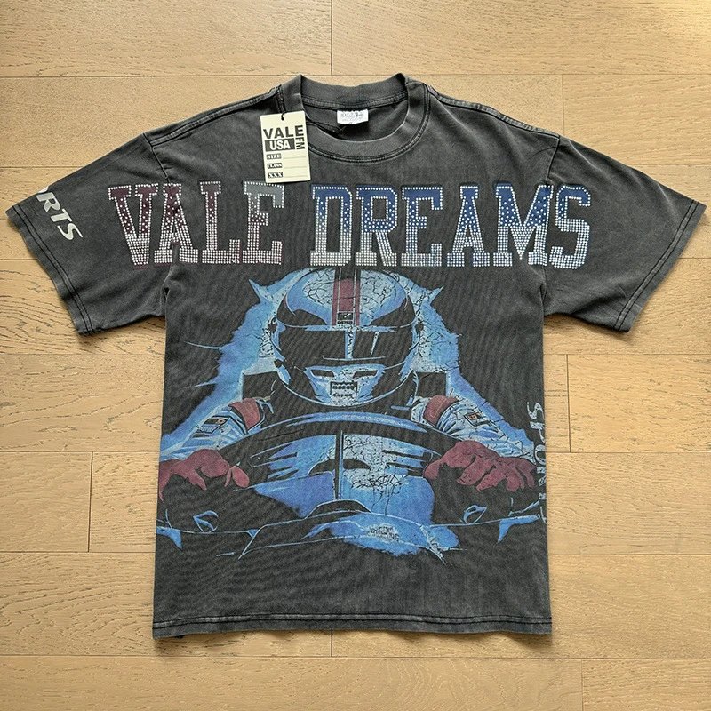 VALE USA T-Shirts Washed rhinestone graphic crew-neck T-shirt — 8028 Wash black hot drill
