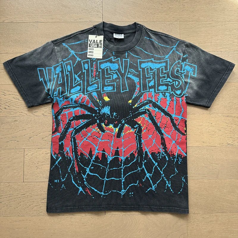 VALE USA T-Shirts Washed rhinestone graphic crew-neck T-shirt — 8057 washed black