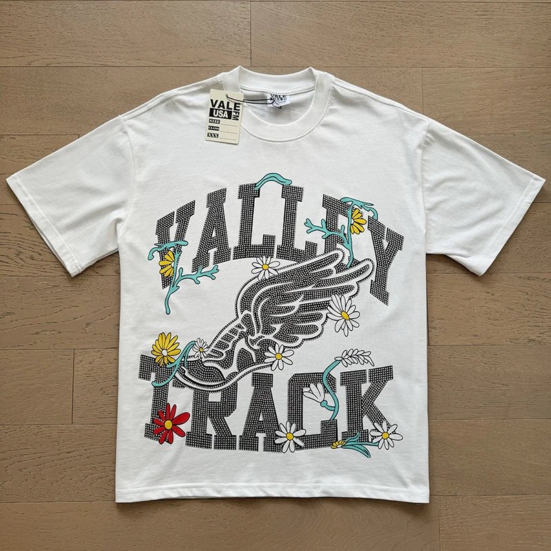 VALE USA T-Shirts Washed rhinestone graphic crew-neck T-shirt — 8069 Wash water white rhinestones