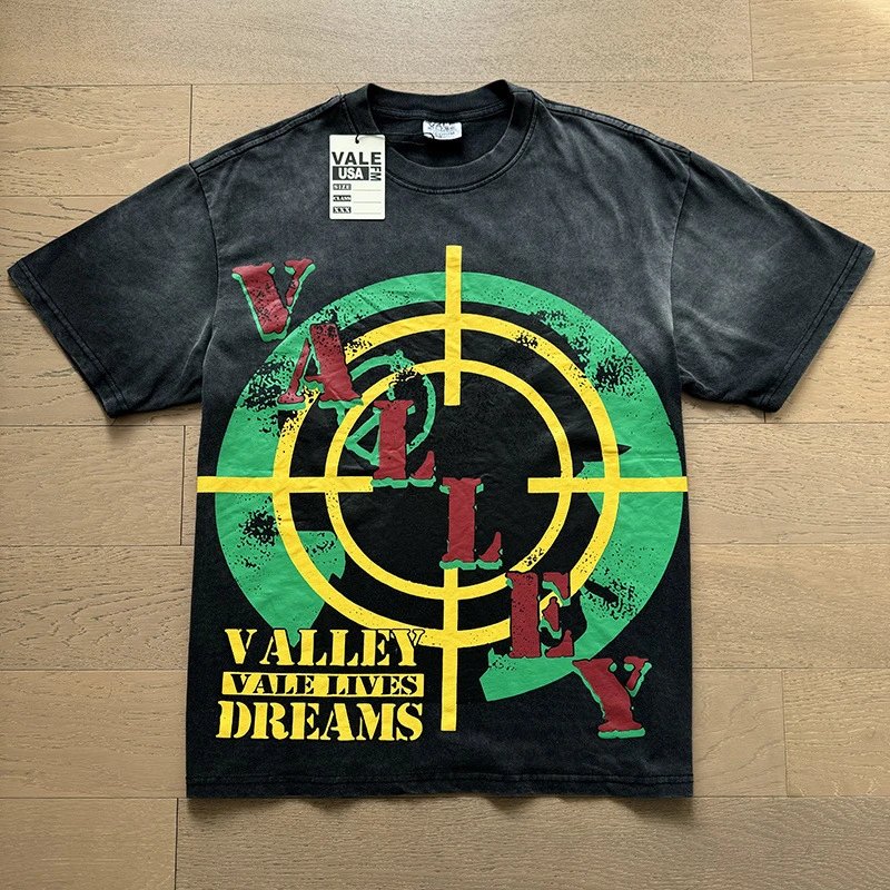 VALE USA T-Shirts Washed rhinestone graphic crew-neck T-shirt — 8079 washed black
