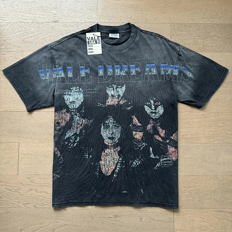 VALE USA T-Shirts Washed rhinestone graphic crew-neck T-shirt — 8089 washed black