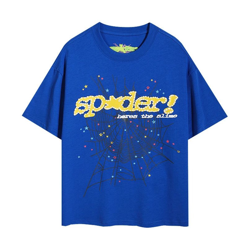 Sp5der T-Shirts Spiderweb Graphic Short-Sleeve T-Shirt — 6011#Blue and yellow