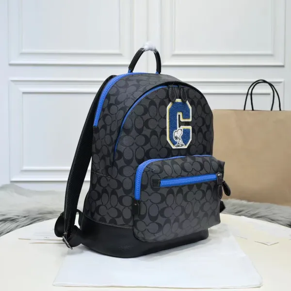 Coach x Peanuts Snoopy C5511 Signature Canvas Backpack in Charcoal Gray with Blue Accents - 5