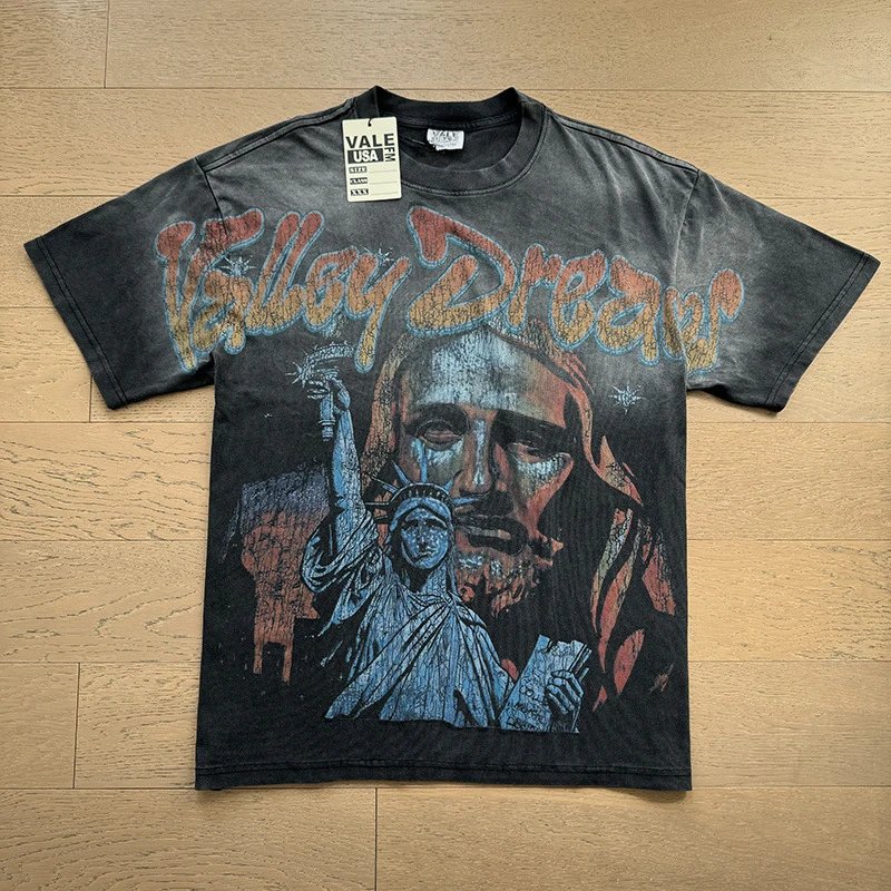 VALE USA T-Shirts Washed rhinestone graphic crew-neck T-shirt — 8053 washed black