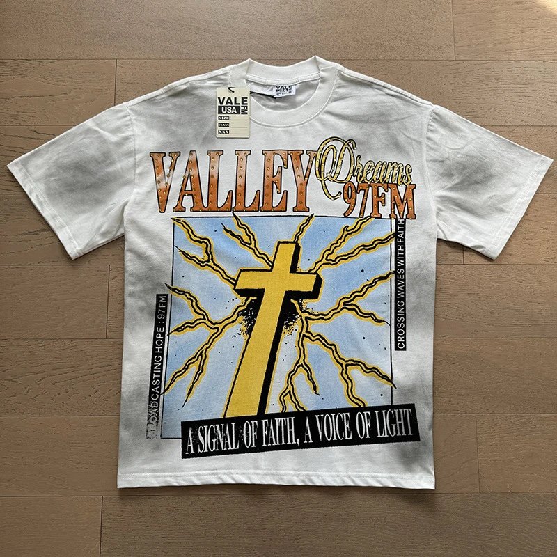 VALE USA T-Shirts Washed rhinestone graphic crew-neck T-shirt — 8063 washed white