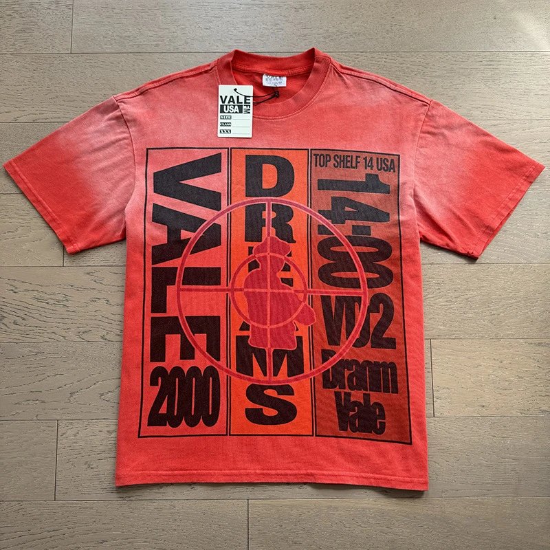 VALE USA T-Shirts Washed rhinestone graphic crew-neck T-shirt — 8075 washed red