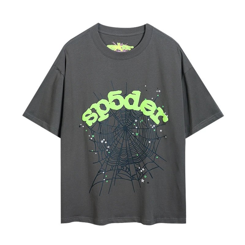 Sp5der T-Shirts Spiderweb Graphic Short-Sleeve T-Shirt — 6002#Gray-green
