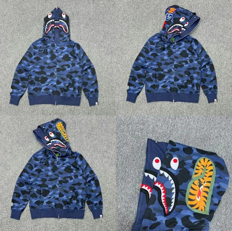 A Bathing Ape Hoodies & Sweatshirts Shark full-zip camouflage hoodie — XX232 double-hooded blue