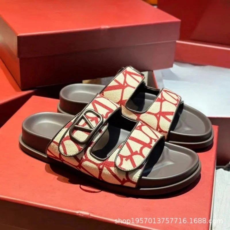 Unbranded Slippers Open-Toe Double-Strap Slides with V-Shaped Buckle — Red