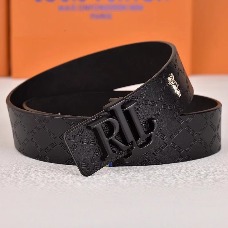 R&L Belts LZ-1 embossed monogram belt with RL buckle — lock pattern black