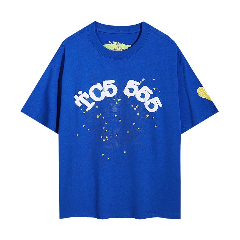 Sp5der T-Shirts Spiderweb Graphic Short-Sleeve T-Shirt — 6012#Blue and white