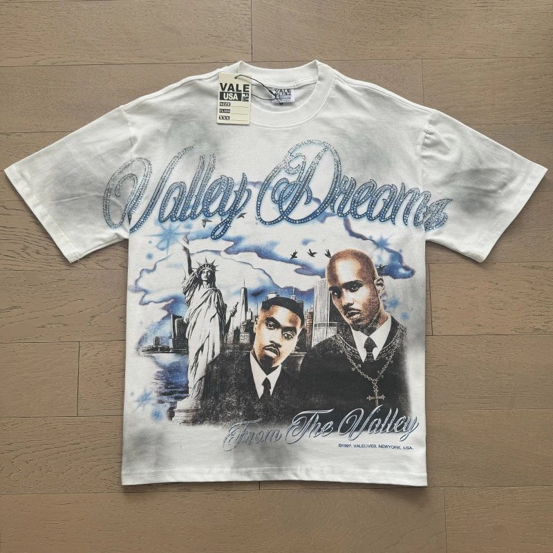 VALE USA T-Shirts Washed rhinestone graphic crew-neck T-shirt — 8026 Wash water white rhinestones