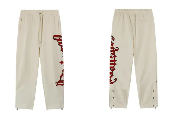 Design Graphic Print Track Pants Beige with Red Gothic Script Sweatpants - 1