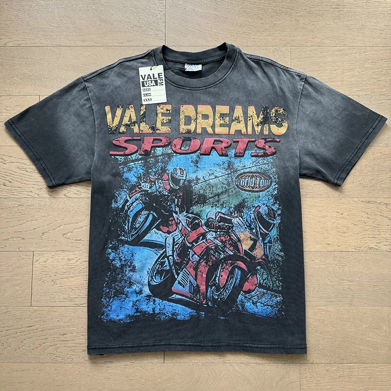 VALE USA T-Shirts Washed rhinestone graphic crew-neck T-shirt — 8087 washed black