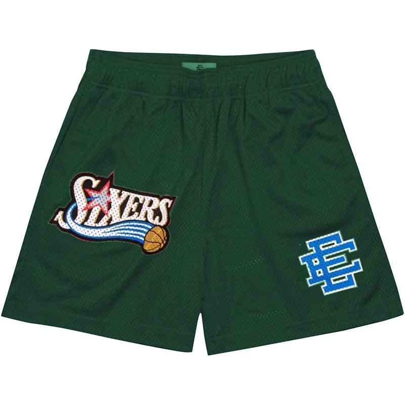 Eric Emanuel Shorts Mesh basketball with team graphic patches — American style EE Quick-drying Sixers Shorts 33