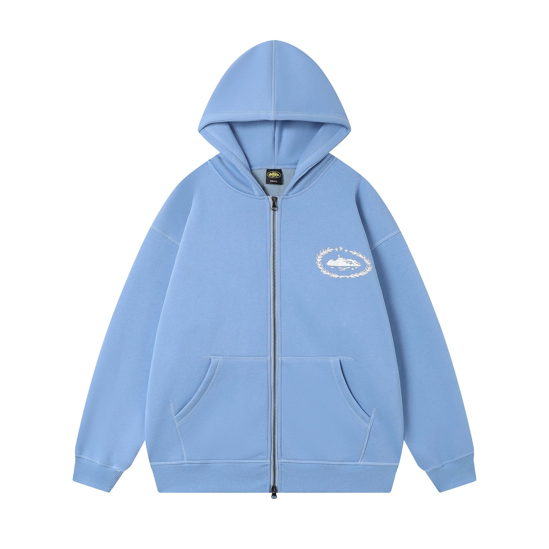Corteiz Hoodies & Sweatshirts Zip-up hooded sweatshirt with embroidered chest emblem — 501 Sky-blue top