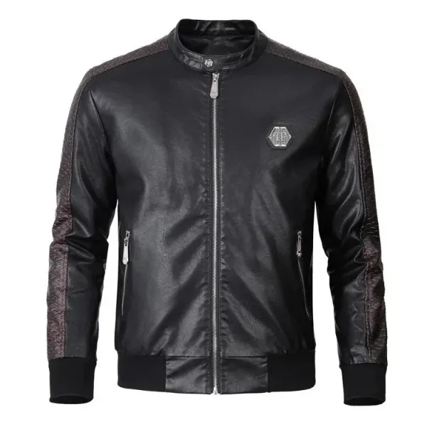 Philipp Plein Hexagon Logo Black Leather Biker Jacket - 1